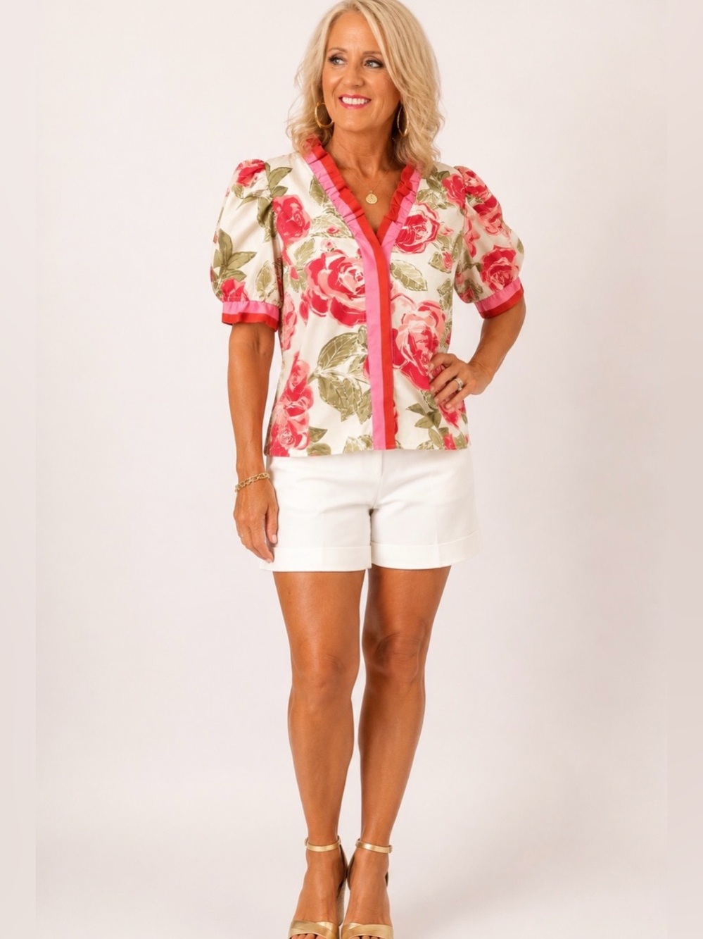 Floral Puff Sleeve Blouse in Red and Pink with Ruffle Collar Size Large